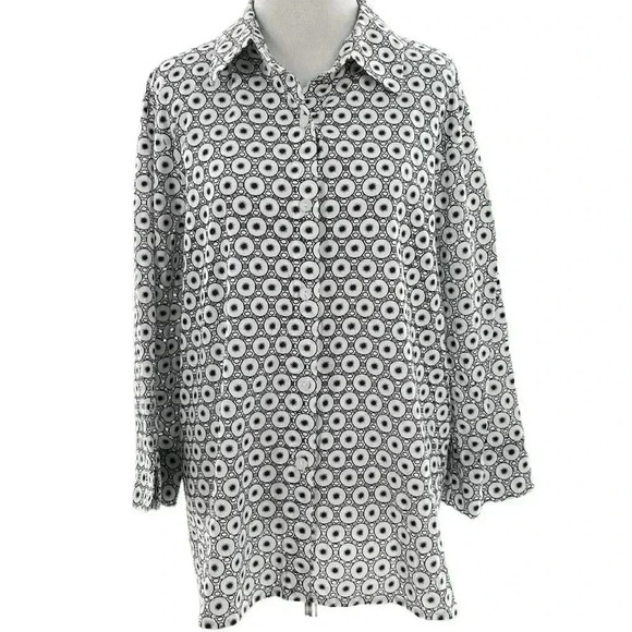 Alfred Dunner button down top size 12 white navy blue geometric coastal granny - Picture 1 of 8